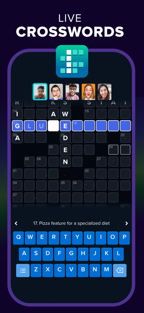 Live multiplayer crossword puzzle with video chat icons on popin app screen