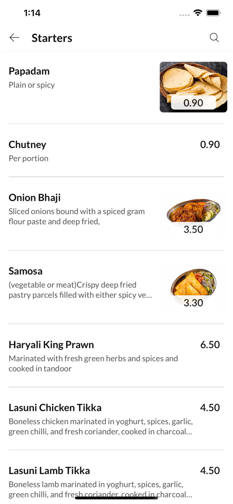 Lal Akash Restaurant - A mobile screen showing the Indian starters menu for Lal Akash Restaurant with items like Samosa and Onion Bhaji.