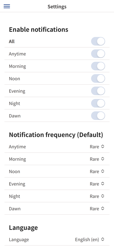 Sudden Reminder - Settings screen of the Sudden Reminder app showing notification time toggles and frequency selection