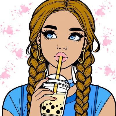 realistic girl with braided hair drinking boba