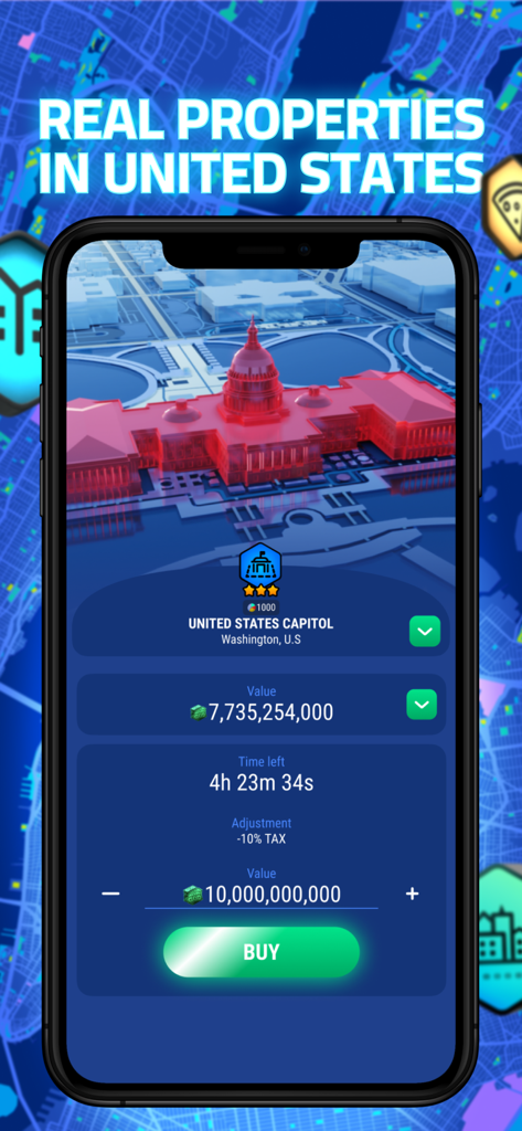 Get Rent: Trade Real Estate - Captura de pantalla de la aplicación Get Rent Trade Real Estate mostrando el Capitolio de los Estados Unidos como una propiedad digital para comprar