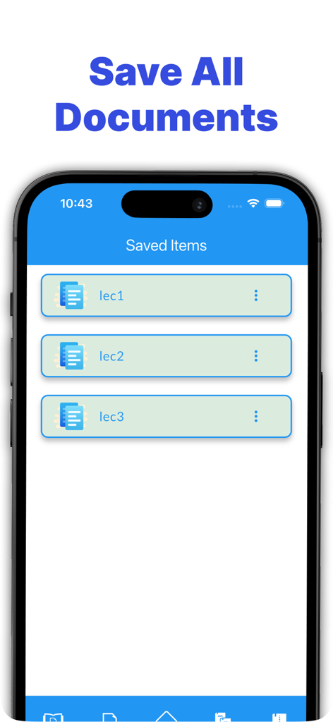 講義ファイルを含む保存されたPDF文書のリストを示すモバイルアプリインターフェイス