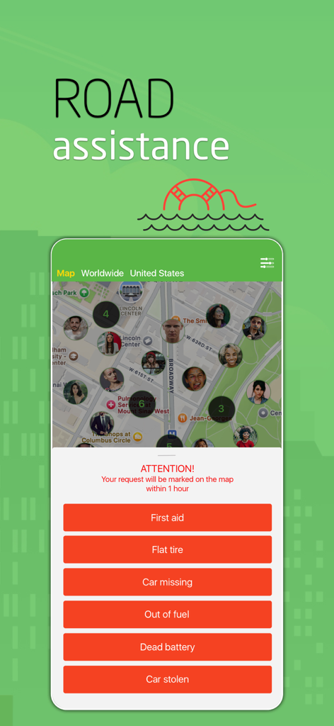 JOYCAR - Drive, Chat & Dating - JOYCAR app interface showing the road assistance feature with a map of nearby users and emergency options like flat tire and out of fuel