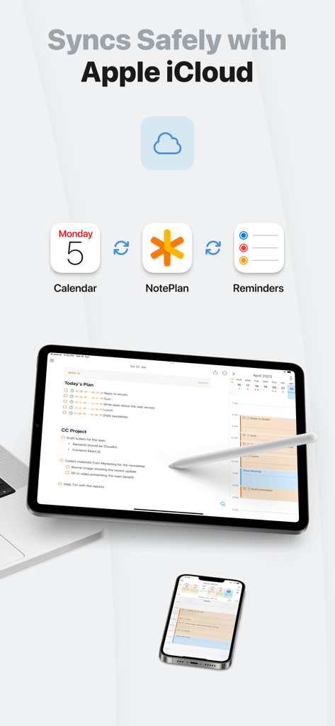 NotePlan - To-Do List & Notes - NotePlan app interface showing safe synchronization with Apple iCloud across iPhone and iPad with calendar and reminders integration.