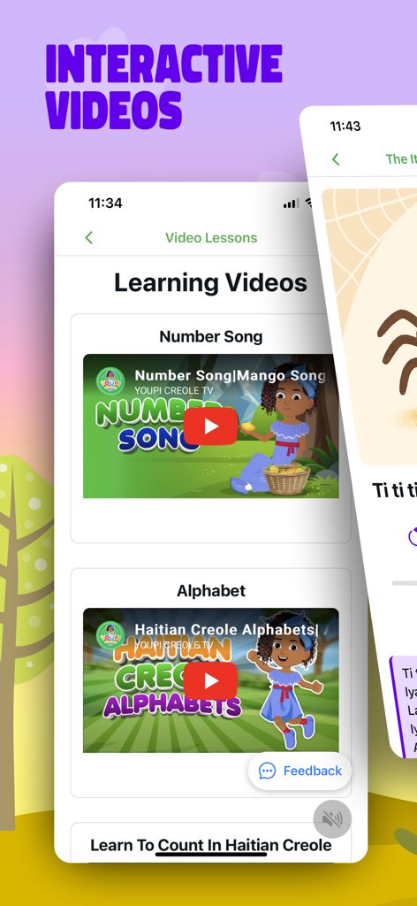 Learn Creole with Jorge - Capture d'écran de l'application 'Apprendre le Créole avec Jorge' montrant des leçons vidéo interactives pour apprendre l'alphabet et les nombres en créole haïtien par le biais de chansons.