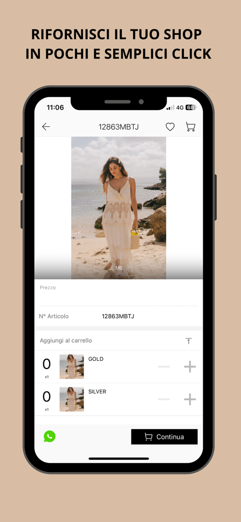 La aplicación de ropa al por mayor LAMIAR muestra un vestido blanco de encaje con selección de color y controles de cantidad para propietarios de boutiques