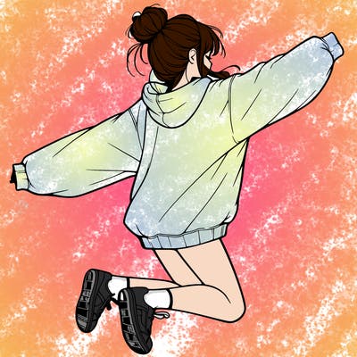 realistic girl jumping with a bun and oversized sweatshirt