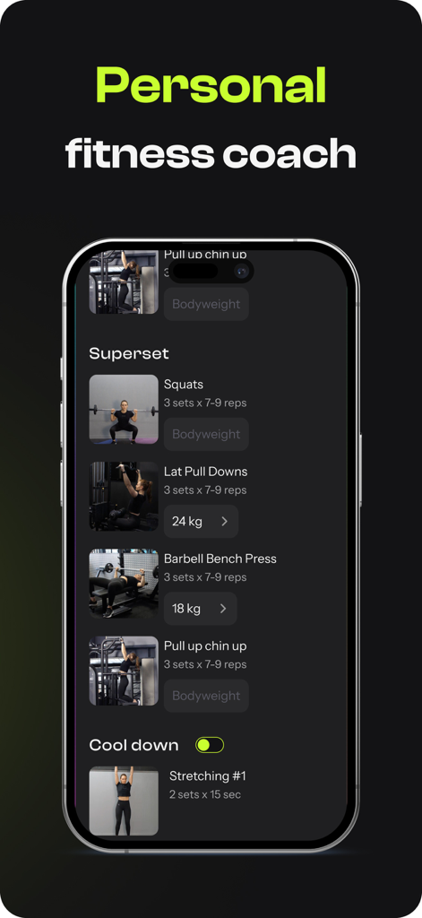 Oly: Personal Fitness Coach - Oly app interface showing a personalized workout routine with strength training exercises and sets