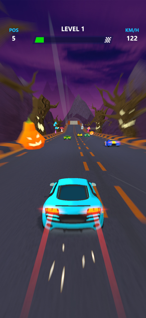 Car Racing: Master Race 3D - A light blue sports car racing through a nighttime level with jack-o-lanterns and spooky trees