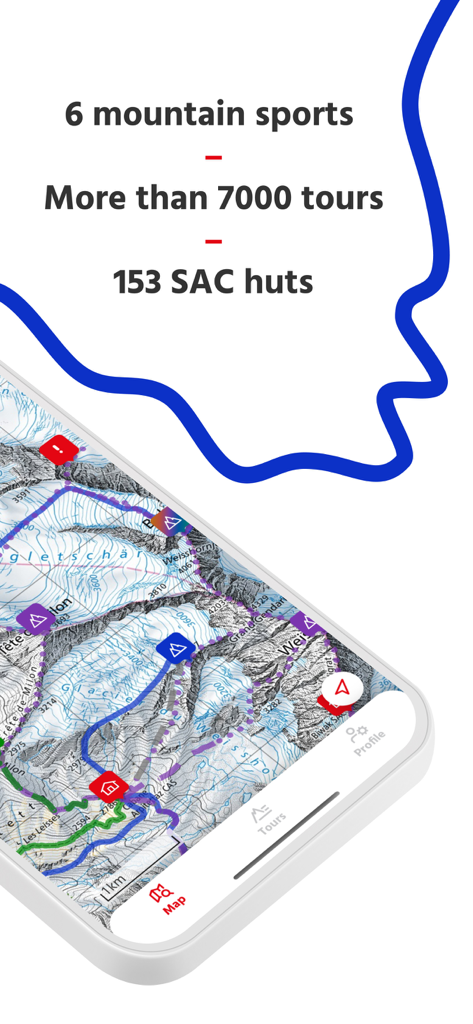 SAC – Swiss Alpine Club - Interfaz de la aplicación SAC Swiss Alpine Club mostrando un mapa topográfico detallado con recorridos de senderismo y refugios de montaña