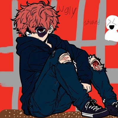 a male hoddie ripped jeans messy hair anime