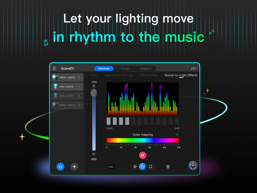 NEEWER Studio Tablet - Interface of the NEEWER Studio Tablet app demonstrating sound-to-light effects for syncing studio lights with music
