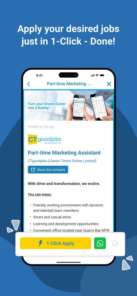 CTgoodjobs mobile app interface showing a job listing with a one click apply button.