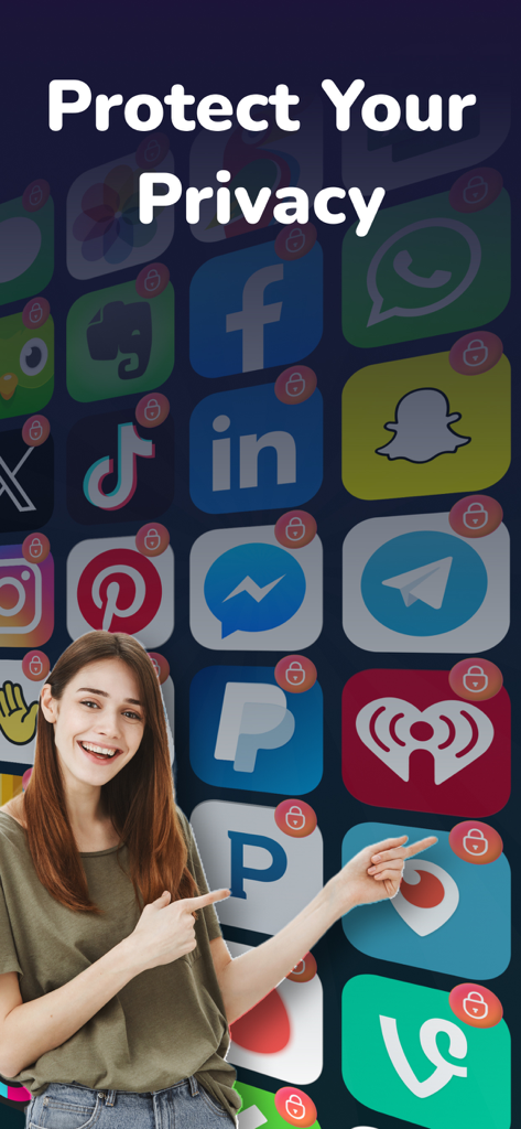 App Lock · - A woman pointing at a grid of social media apps with lock symbols showing privacy protection