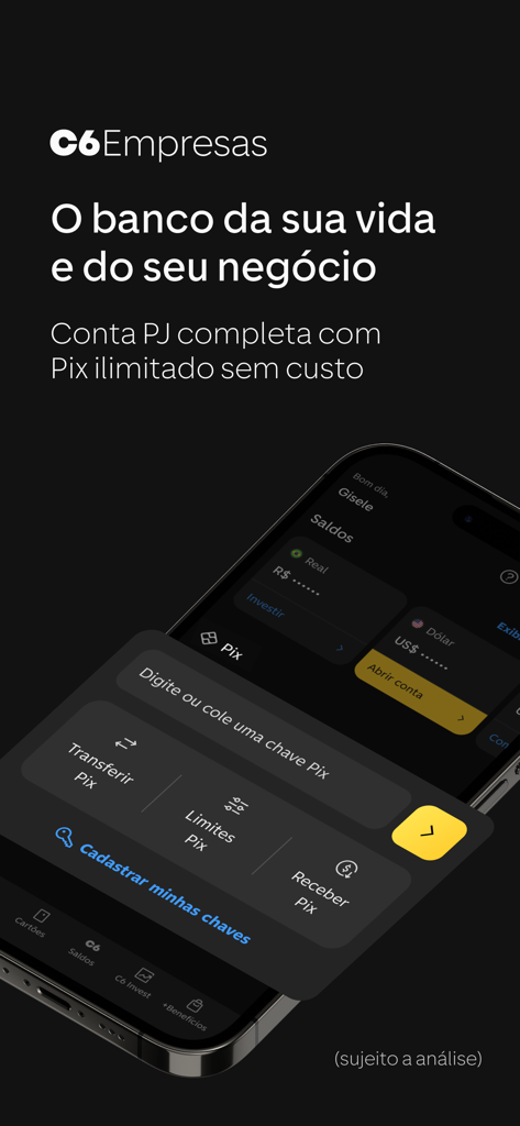 C6 Bank Empresas mobile app screen showing business account features and Pix transfers