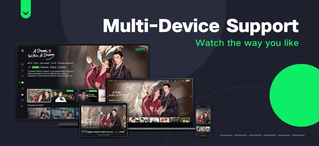iQIYI - Dramas, Anime, Shows - iQIYI app interface displayed across a television laptop tablet and smartphone showing multi-device support