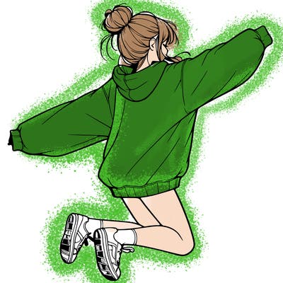 realistic girl jumping with a bun and oversized sweatshirt