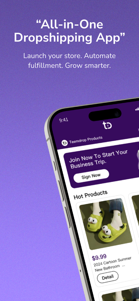 TeemDropオールインワン・ドロップシッピングアプリのインターフェース。トレンドの商品とビジネスツールが表示されています。