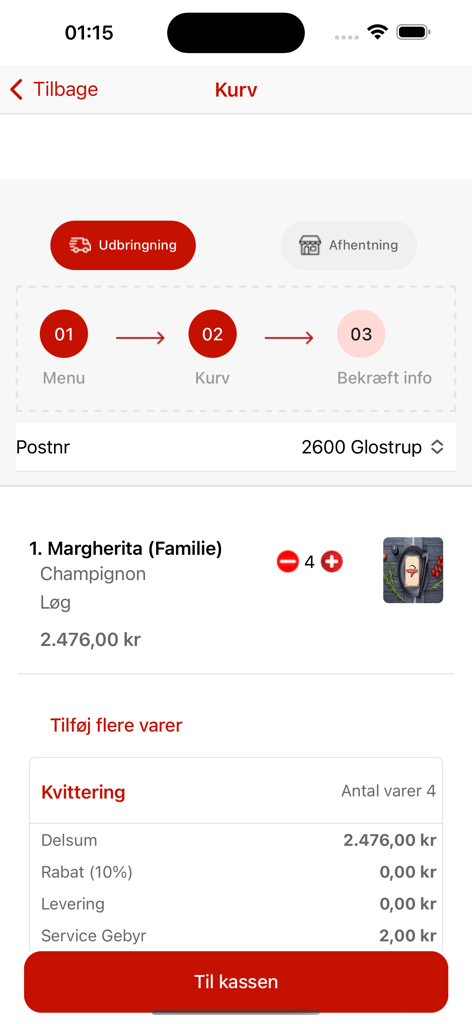 EatOnline app shopping cart screen displaying a pizza order summary and checkout button