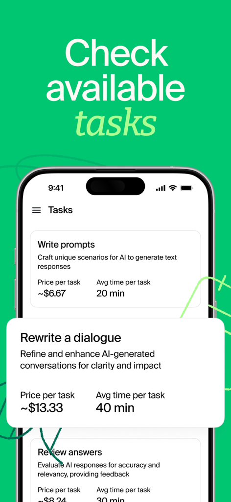 Mindrift mobile app interface showing a list of available AI tutoring tasks with price and time estimates