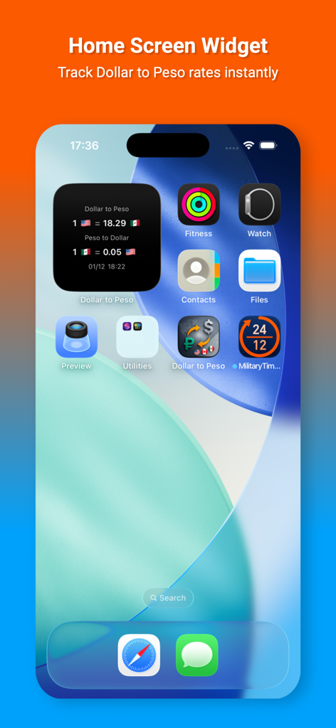 Convert Pesos to Dollars - iPhone home screen widget showing real-time dollar to peso exchange rates