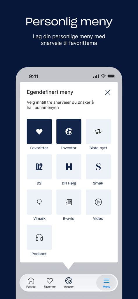 DN Mobile App benutzerdefinierte Menüeinstellungen-Bildschirm, mit dem Benutzer ihre Navigationsleiste mit Verknüpfungen wie Investor und Weinsuche personalisieren können.