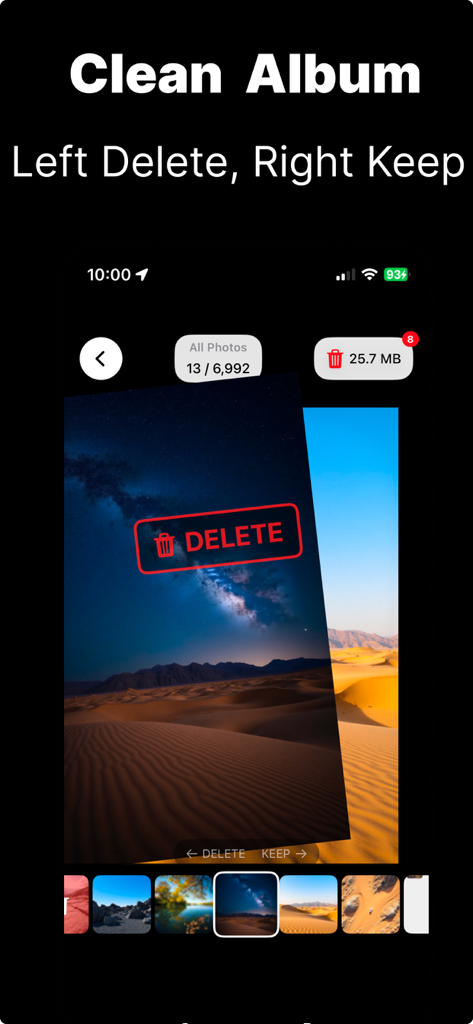 Fotee - 视频转照片高清截图实况截取视频抽帧截图 - Fotee app interface showing the Clean Album feature where users swipe left to delete and right to keep photos to save storage