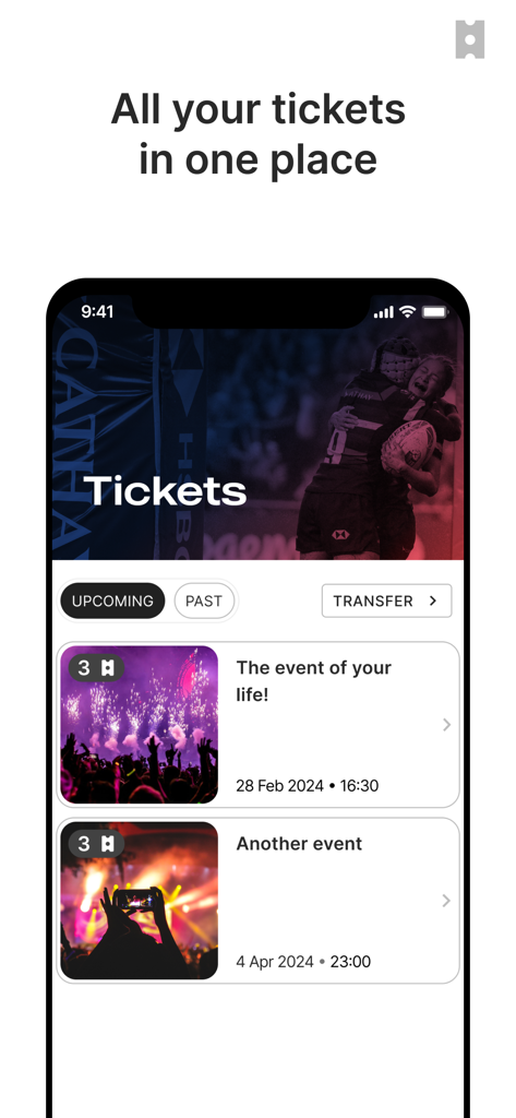 HKCR Ticketing - Mobile screen showing the HKCR Ticketing app with upcoming digital rugby tickets and a transfer option