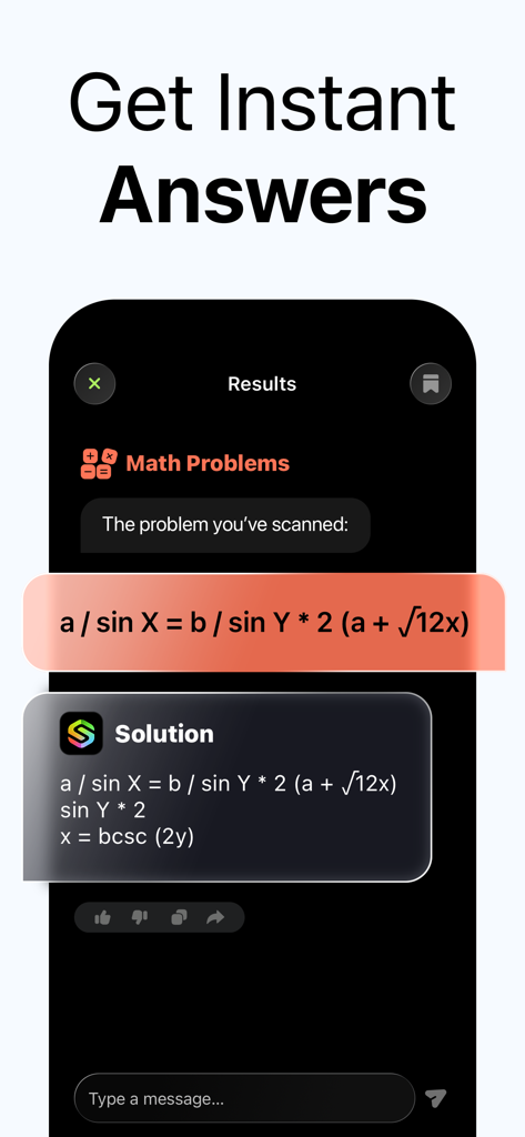 Solvo: AI Homework Helper - Interfaz de la aplicación Solvo AI mostrando un problema de trigonometría escaneado y su solución instantánea.