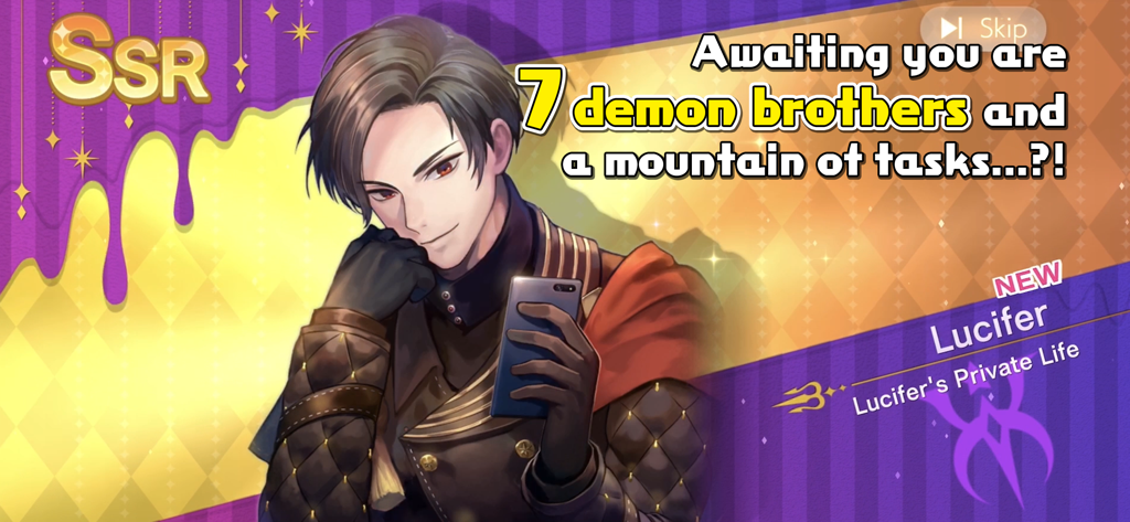 Lucifer character card from Obey Me anime otome game featuring a handsome demon brother holding a smartphone