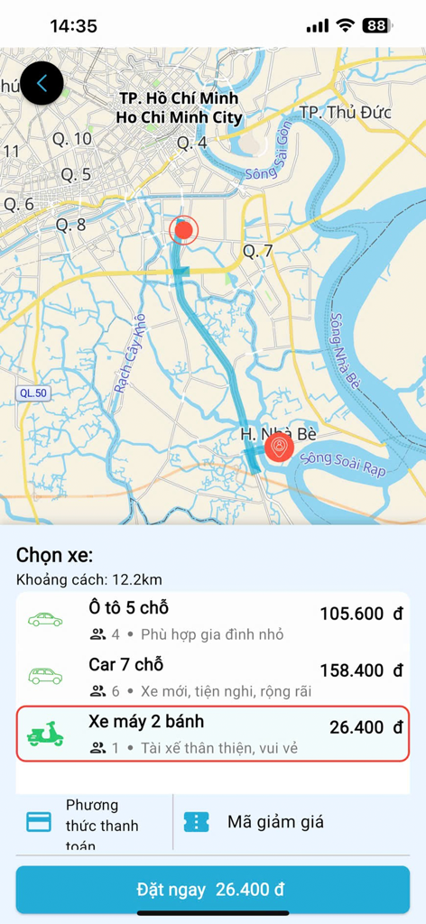 Ship Proモバイルアプリ、車両タイプと価格の配車予約オプションを表示