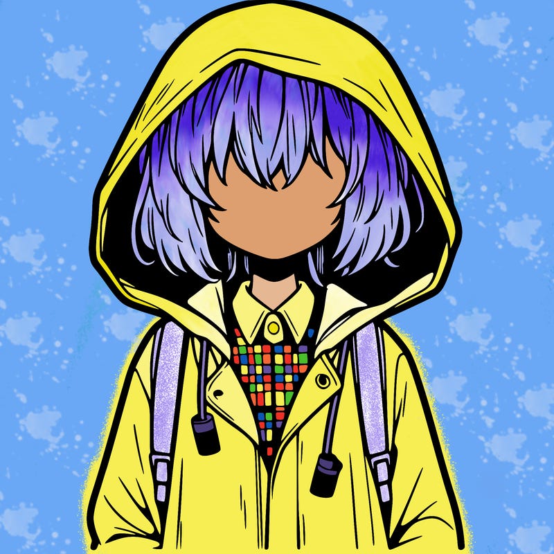 little anime girl in a raincoat her hair is covering her eyes she has a lighter