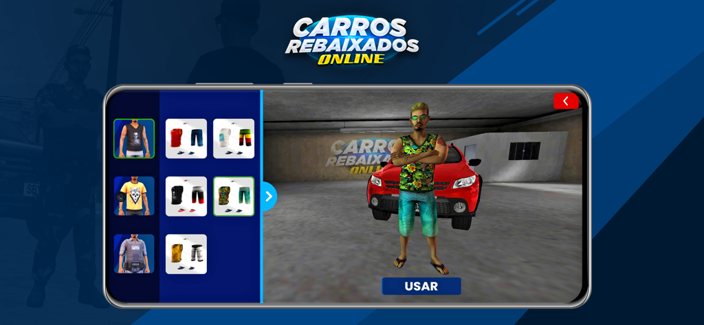 Carros Rebaixados Online - Character customization menu showing various clothing selections for the player avatar in front of a red car