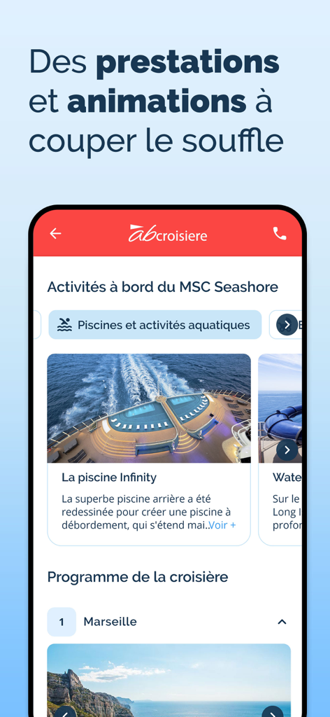 Abcroisiere - Pantalla de la aplicación Abcroisiere que muestra actividades a bordo del crucero MSC Seashore, incluida una piscina infinita y detalles del itinerario que comienzan en Marsella.