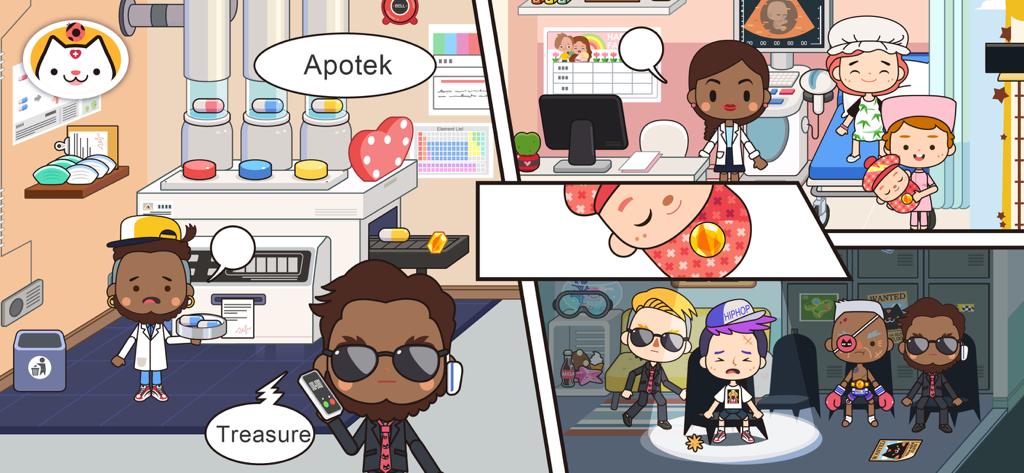 Diverse gameplay scenes from Miga Town My Hospital featuring a pharmacy and doctor office