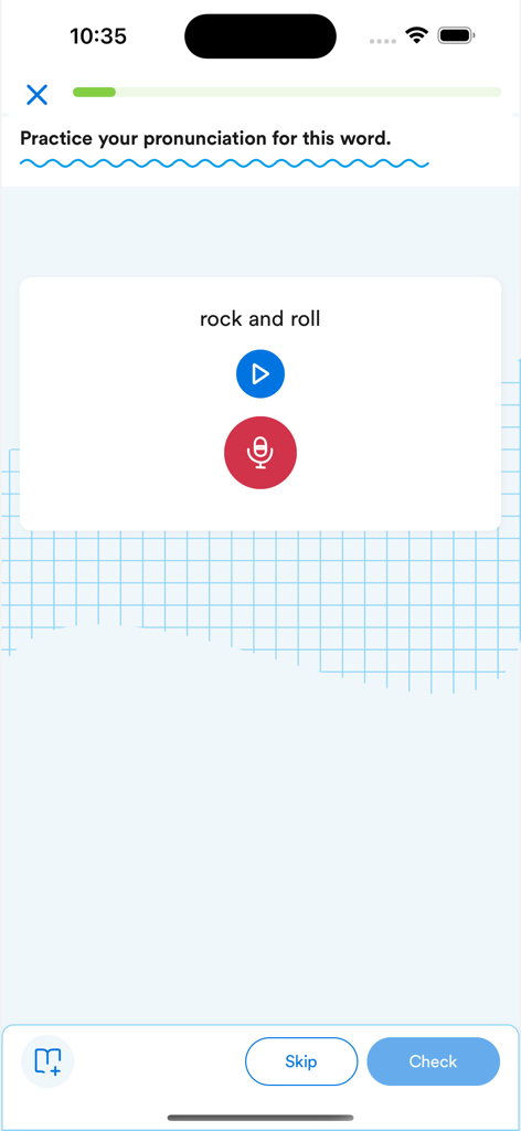 Pronunciation exercise interface in the EF Campus Learning app for the phrase rock and roll with microphone and play buttons.