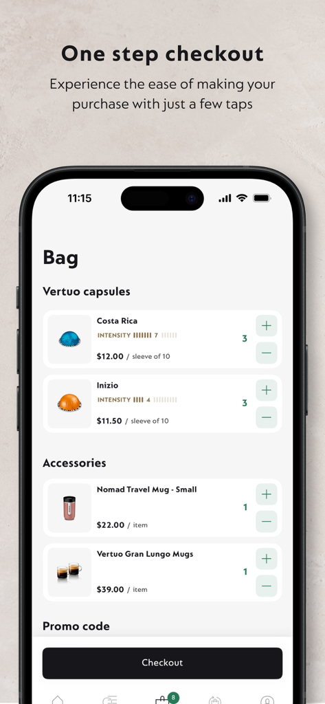 한 단계 결제 버튼과 함께 커피 캡슐 및 액세서리를 보여주는 네스프레소 앱 장바구니 화면