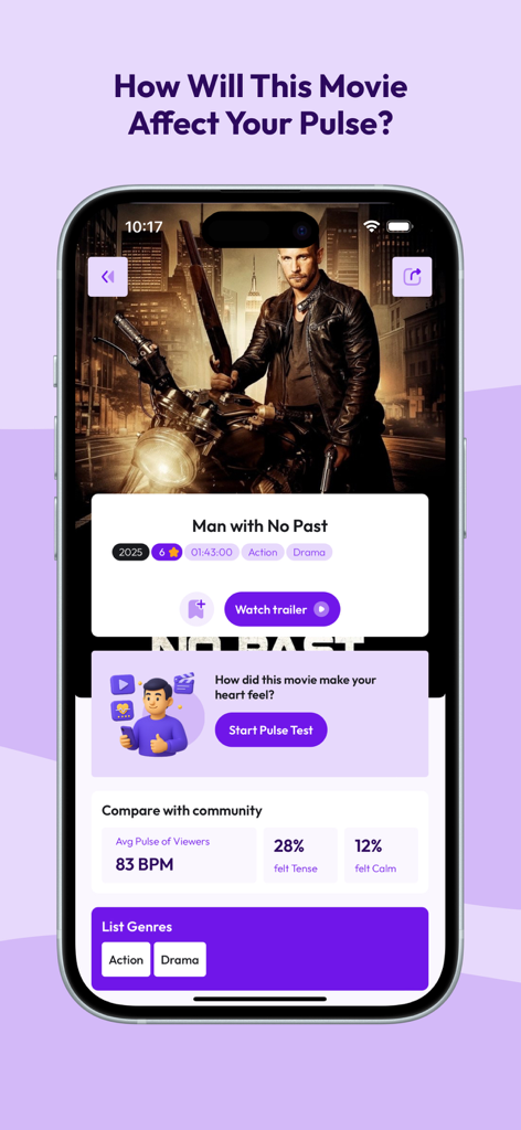 Mobile screen showing movie heart rate pulse test and community averages