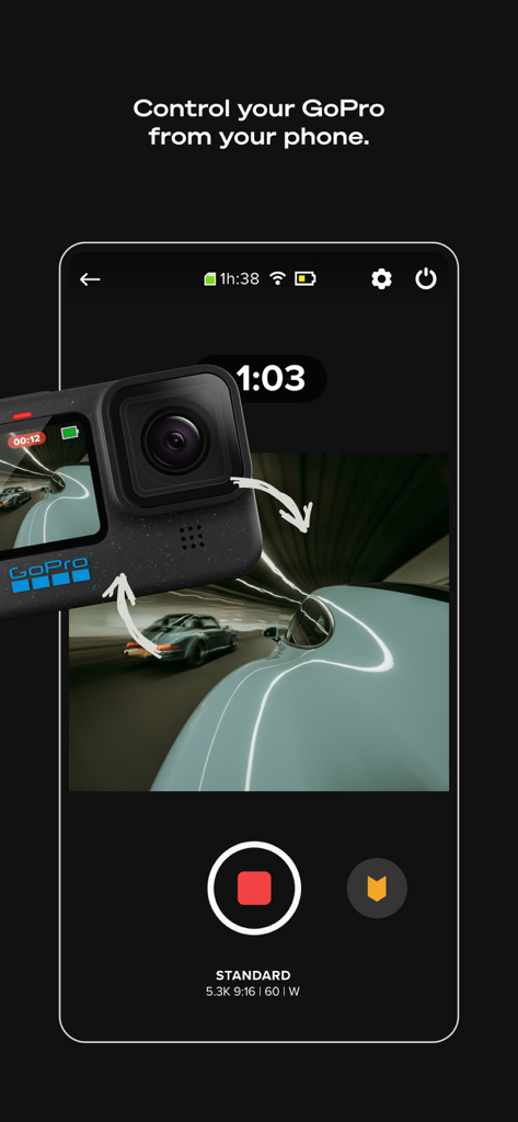GoPro Quik app showing remote camera control and live video preview on a smartphone