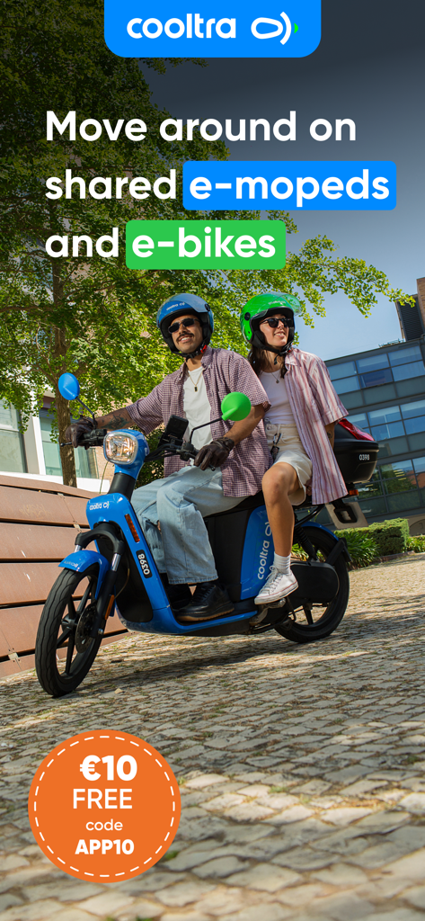 A man and a woman wearing helmets and riding a blue Cooltra electric moped together on a city street
