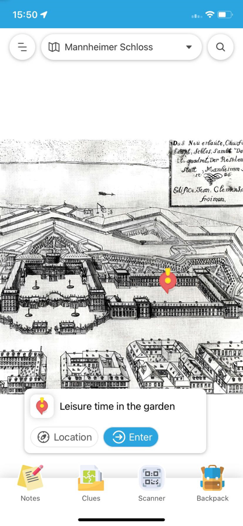 Popworld AR game interface showing a historical map of Mannheim Palace with a mission pin