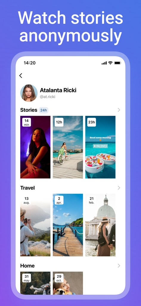 Interface of the Xstory app showing an Instagram profile with the option to watch stories and highlights anonymously.