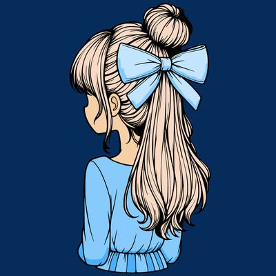 realistic girl  with hip length hair a bun and a big bow on the back of head