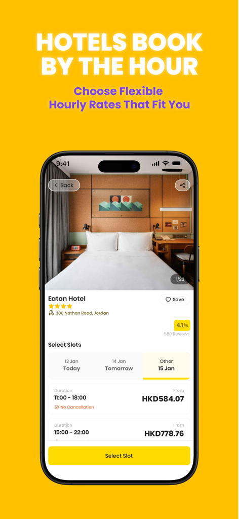 Flow app interface displaying flexible hourly booking options and time slots for a luxury hotel.