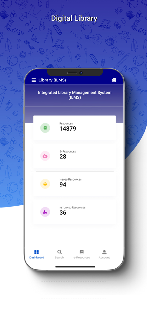 Integrated Library Management System dashboard in the vmedulife app showing statistics for digital resources