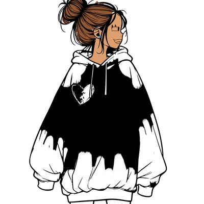 realistic girl with a oversized sweatshirt on and a bun