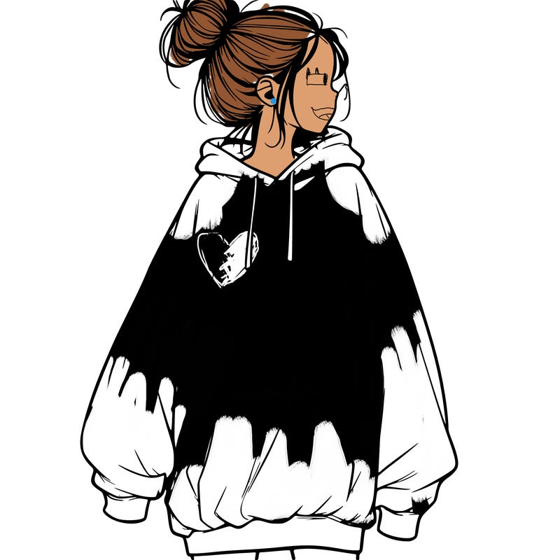 realistic girl with a oversized sweatshirt on and a bun