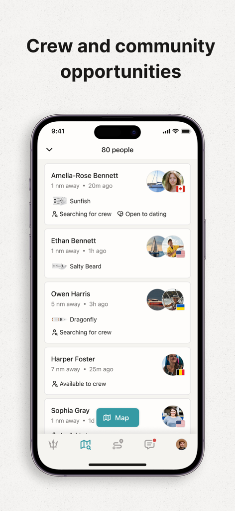 SeaPeople: Boat Travel Map - SeaPeople app interface showing nearby boaters and crew opportunities