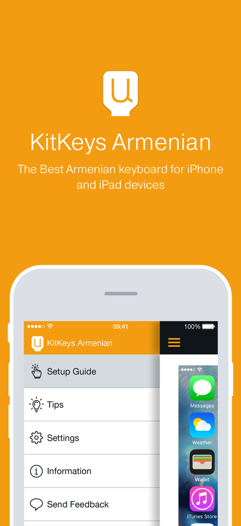 KitKeys Armenian app menu screen showing setup guide and settings on an iPhone