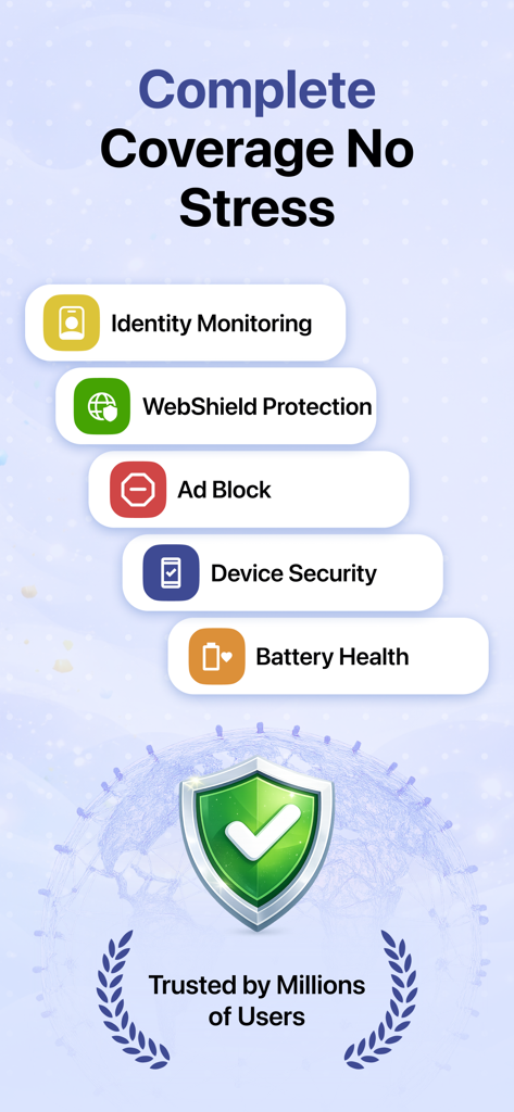 Screenshot of Mobile Security app features including Identity Monitoring, WebShield Protection, Ad Block, Device Security, and Battery Health.